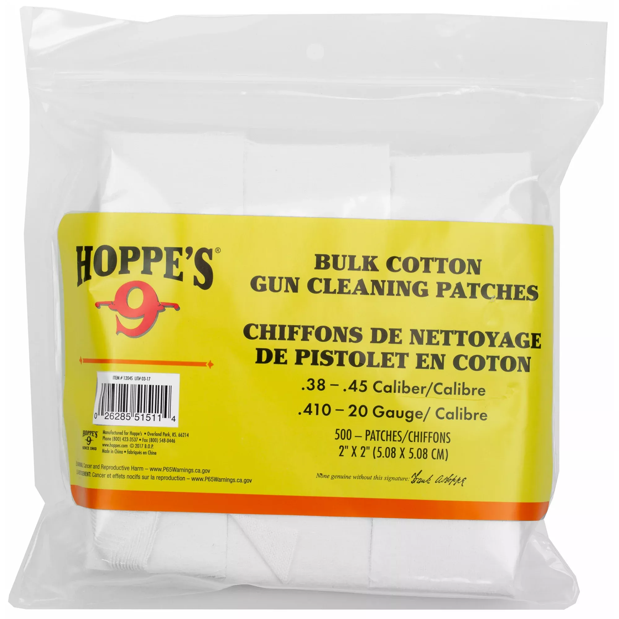 Hoppe's Cleaning Patches .38-.45 Caliber – 500 Pack