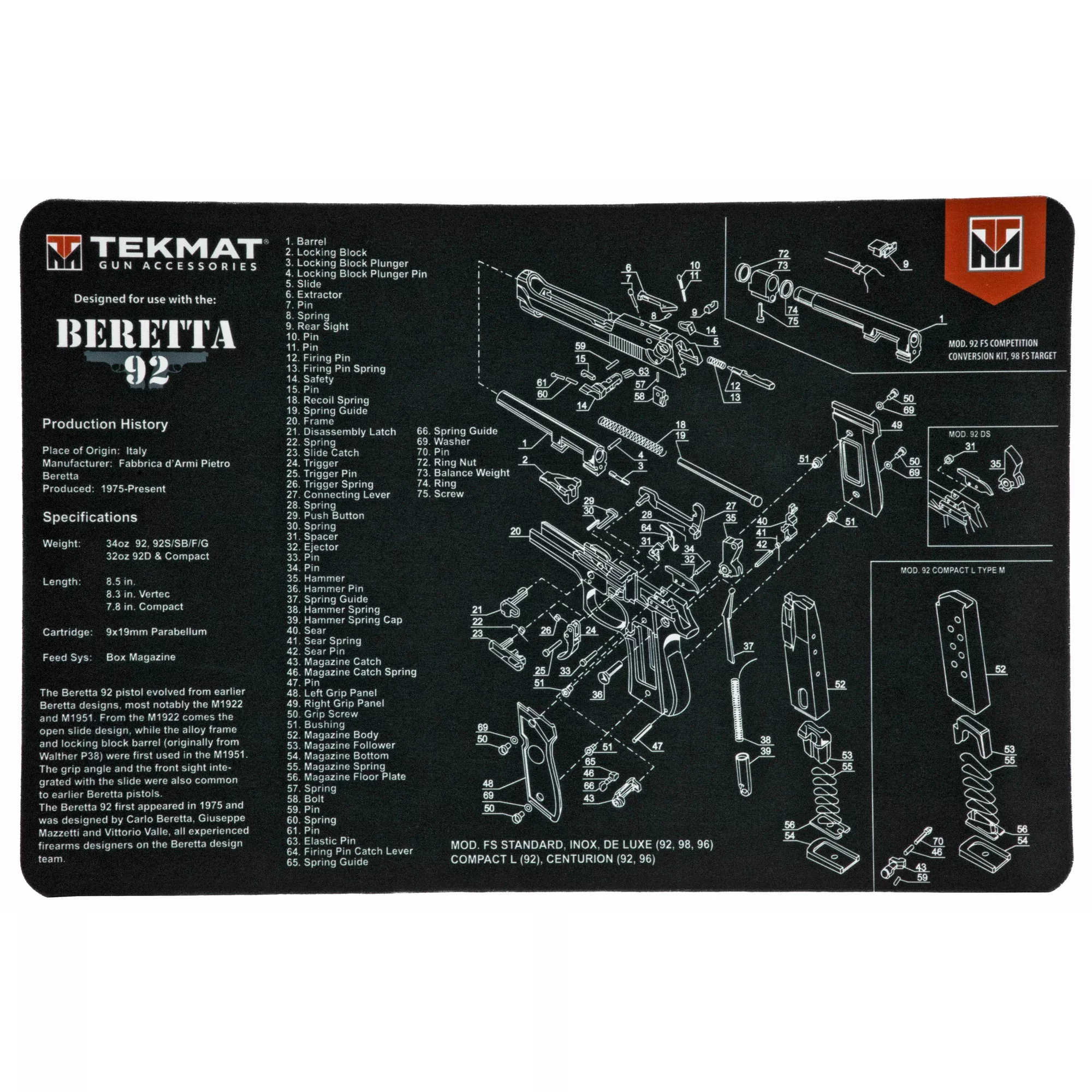 TekMat Pistol Mat Beretta 92 BLK – Maintenance & Cleaning Mat