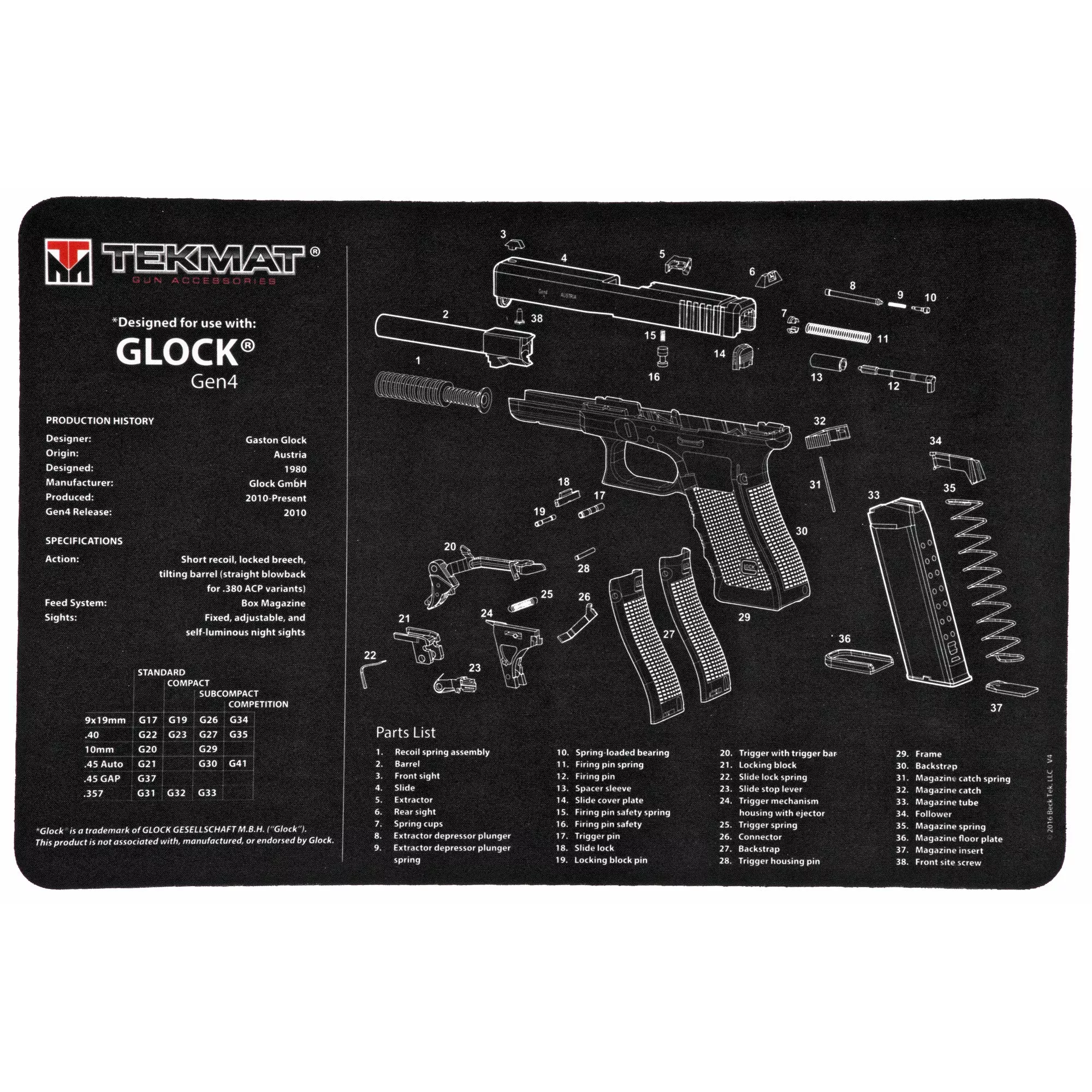 TekMat Pistol Mat for Glock Gen 4 – 11"x17" Cleaning Mat