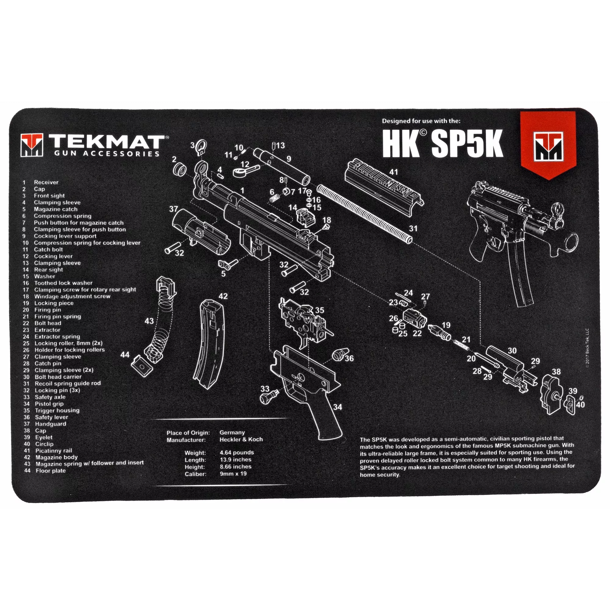 TekMat Pistol Mat H&K SP5K – Padded Cleaning Mat with Exploded View